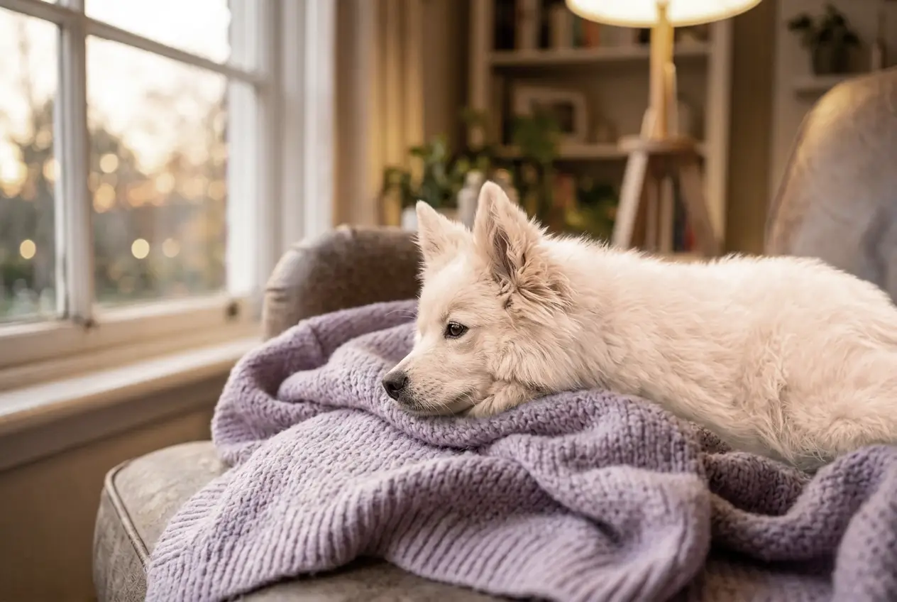 Hund ruht friedlich auf einer fliederfarbenen Decke