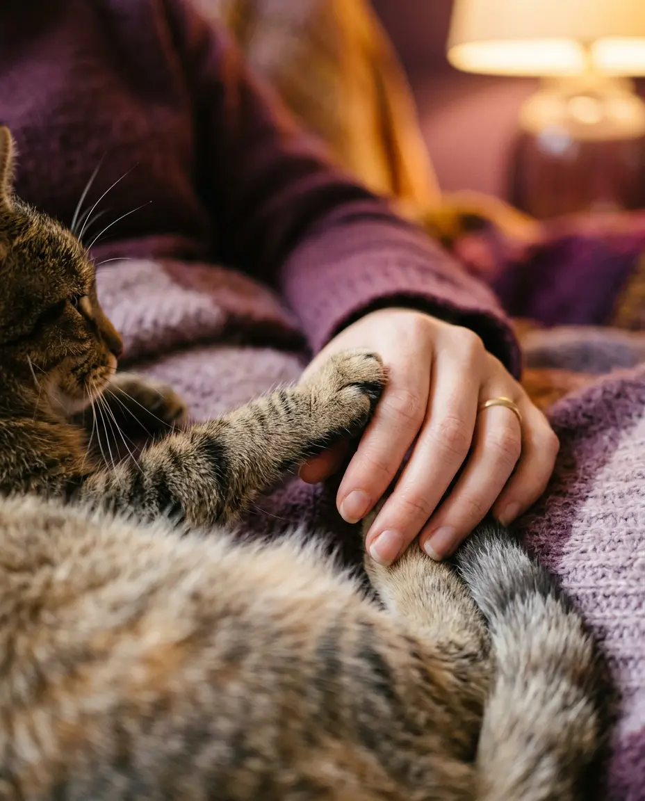 Katze mit Pfote in der Hand ihrer Halterin