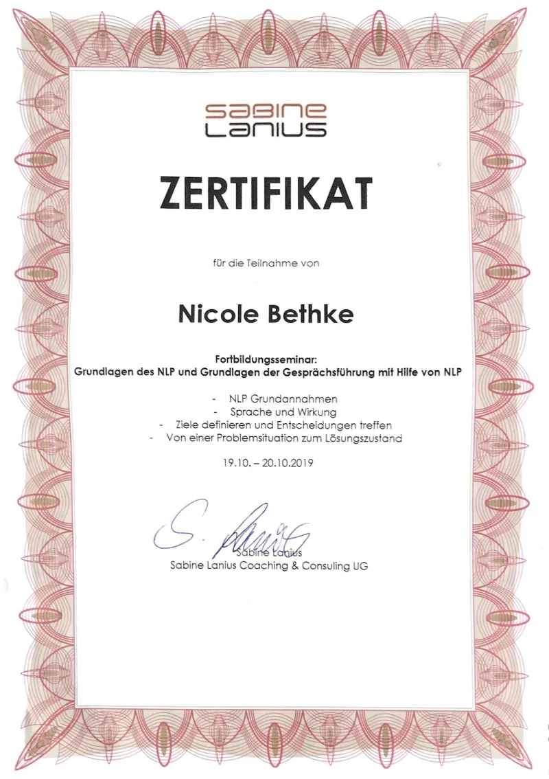 NLP-Zertifikat von Nicole Bethke